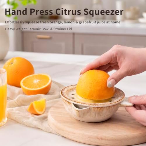 Lemon Orange Grapefruit Juicer Manual Squeezer Ceramic Hand Juicer Reamer Rotation Press with Strainer＆ 5oz Bowl, Pour Spout, Handle, Dishwasher Safe, Easy to Clean,Sandy Beige