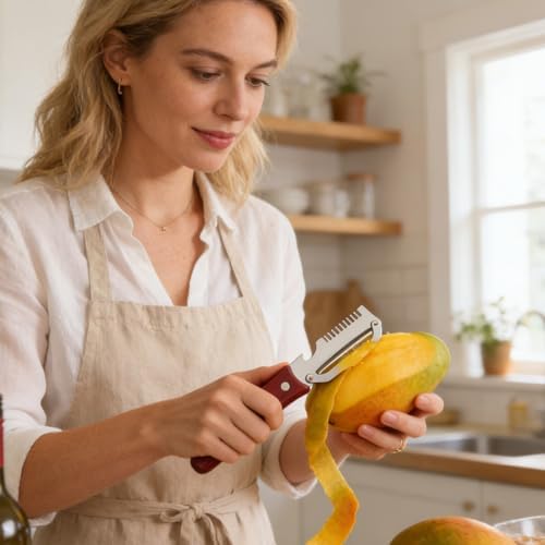 2PCS Vegetable Peeler - Multi-Purpose 3-in-1 Stainless Steel Kitchen Peeler with Bottle Opener & Julienne Cutter for Potatoes Carrots - Wood Handle for Comfortable Grip