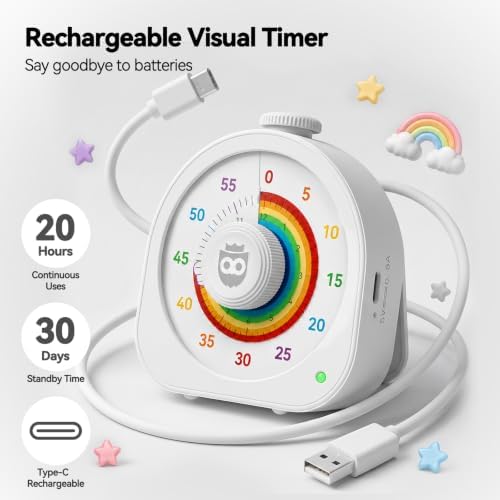 Visual Timer for Kids, Rechargeable Rainbow 60-Min/12-Hour Countdown, White