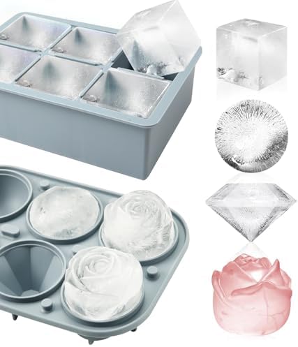 2Pack Silicone Square and Round Ice Cube Trays for Freezer - Sphere, Rose, Diamond Ice Molds for Whiskey, Cocktails & DIY, Gray