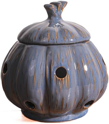 Ceramic Garlic Keeper Storage Holder Jar with Lid, Kitchen Countertop Large Garlic Canister Cellar Saver Holder Crock Container. (Blue)