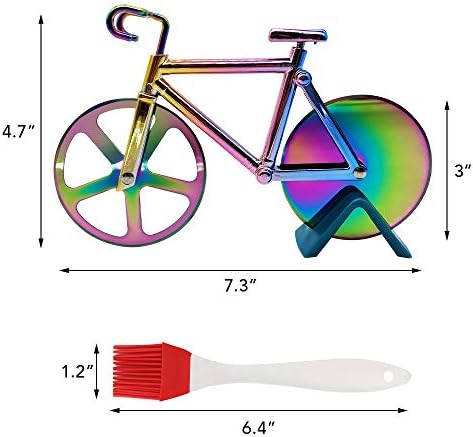 Bicycle Pizza Cutter Wheel, Supuca Stainless Steel Bike Pizza Slicer with BBQ Brush and Stand, Non-Stick Dual Cutting Wheels - Cool Kitchen Gadget Gift