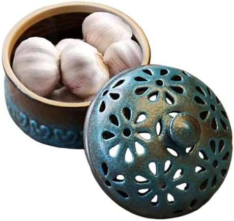Garlic Keeper, Peacock Blue Garlic Holder with Lid Hollow Flower Ceramic Storage Jar for Kitchen
