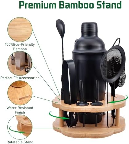 Cocktail Shaker Set Bartender Kit with Rotatble Bamboo Stand,11 Piece Bar Set Stainless Steel Bar Accessories for Drink Mixing, Bar, Home, Party (Frosted Black)