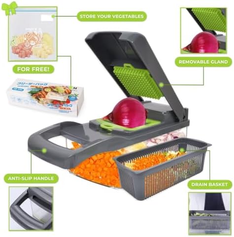 Vegetable Chopper Pro 16 in 1 Manual Mandoline Slicer, Onion Chopper Professional food multifuntional with Stainless Steel Blades and container & Bonus Eco-Friendly Storage Bags