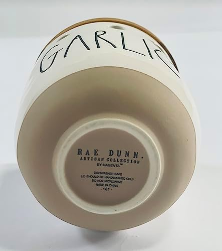 Rae Dunn by Magenta Ceramic GARLIC Keeper Wood Lid 4.5" Tall 4" Diameter