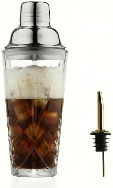 Glass Cocktail Shaker, 15oz Cutting Design - Exquisite Martini Shaker for Elevated Mixology. Perfect for Christmas, Hoiday, BBQ,Outdoor Party,Spring, Summer (Drink Shaker & Gold Pourer)