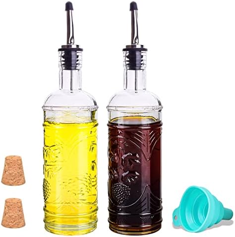 eleganttime 2 Pack Glass Oil and Vinegar Dispenser Set 16oz, Superior Leakproof Olive Oil Dispenser Bottle Strong with Cork for Kitchen Cooking, with Stainless Steel Spout and Silica Gel Funnel
