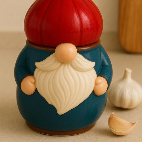 Fox Run Gnome Garlic Keeper, Ceramic Garlic Holder and Lid, 5" x 6.25"