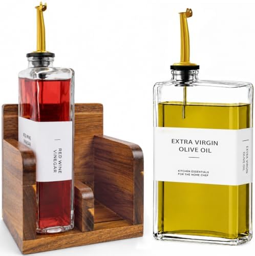 Glass Oil and Vinegar Dispenser Set with Acacia Wood Stand, 2 Pack 12 oz