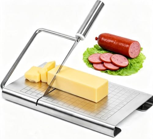 Cheese Slicer,Stainless Steel Cheese Slicer & Wire Cutter – Adjustable Thickness Board for Block Cheese, Butter, and Food Cutting, Heavy Duty
