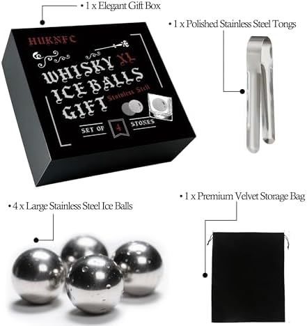 XL Reusable Whiskey Stones Gift Set - 4 Pack 2.2" (55mm) Stainless Steel Ice Balls for Bourbon, Scotch,Chill Without Dilution with Tongs & Gift Box