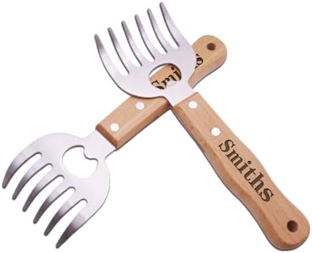 Personalized Metal Meat Shredder Claws, Set of 2 Premium Stainless Steel Meat Forks with Long Wooden Handle,Custom BBQ Grilling Gifts for Men Women Dad Father Husband, custom pulled pork