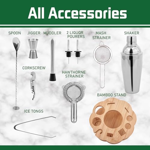 Cocktail Shaker Set Bartender Kit with Rotatble Bamboo Stand,11 Piece Bar Set Stainless Steel Bar Accessories for Drink Mixing, Bar, Home, Party (Silver)