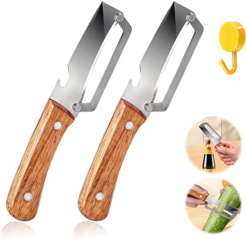 2pcs 2 In 1 Multi-Functional Vegetable Peeler With Bottle Opener, Stainless Steel Kitchen Tool With Wooden Handle, Premium Vegetable Peeler Suitable For Potatoes, Apples, Pineapples, Mangoes Cucumber