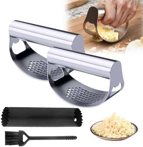 Stainless Steel Garlic Press, 2026 New Garlic Rocker Garlic Press Crusher with Silicone Garlic Peeler and Cleaning Brush, Stainless Garlic Mincer Chopper Tool for Kitchen (2 Sets)