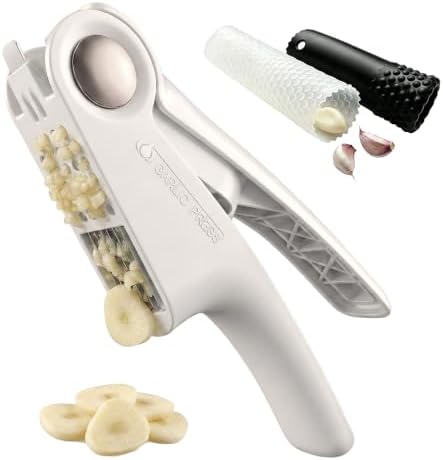2-in-1 Garlic Press and Peeler Set - Manual Garlic Crusher Masher with Silicone Roller & Easy-to-Clean Design, Fastest Kitchen Tool for Peeling and Mashing Garlic Cloves
