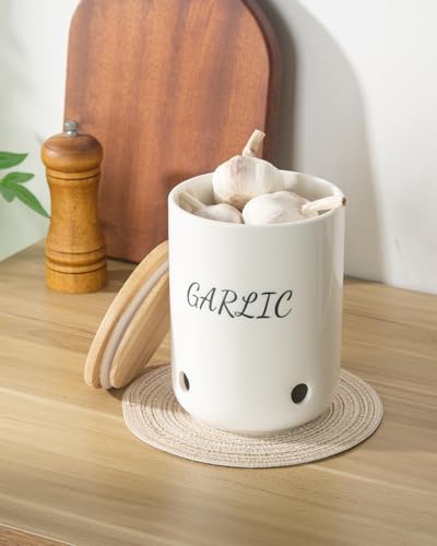 Ceramic Garlic Keeper, Garlic Storage Container, Garlic Jar, Black Text