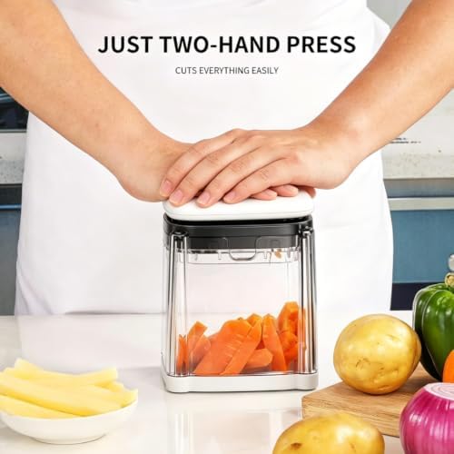 Multifunctional Vegetable Chopper Bowl, Potato French Fry Cutter with 2 Interchangeable Blades & Container, Food Chopper for Cucumber, Tomato, Carrot & Onion