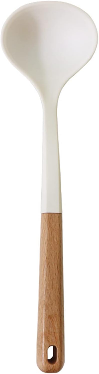 1pcs White Silicone Soup Ladle Spoon with Wooden Handle, Heat Resistant Cooking Utensils, Large Nonstick Serving Scoop for Sauce, Soup, Stew, Chili, Salad Dressing and Pancake Batter.