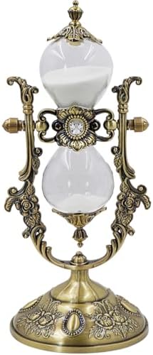 Vintage Hourglass Timer, 15 Minutes,Desk Decor,Embossed White Sand Metal Glass Hourglass Timer,Used for Home and Office Decoration,8.38inch Tall. (Brass)