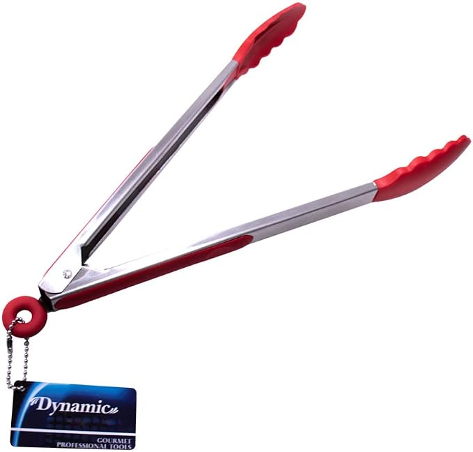 Dynamic 12" Locking Tongs With Silicone Heads, Red