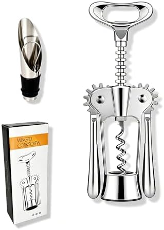 Premium Zinc Alloy Wing Corkscrew Set, Multifunctional Bar Tool with High-Carbon Steel Auger, Labor-Saving Lever Opener with Wine Pourer & Fresh-Keeping Bottle Stopper (Shiny Silver - 2set)