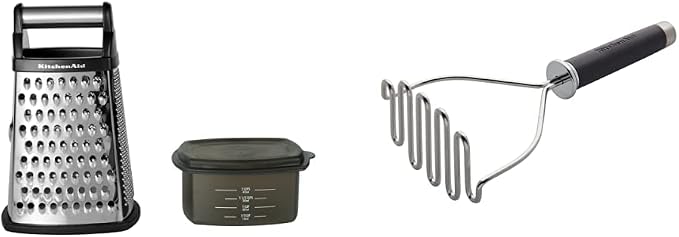 KitchenAid Gourmet 4-Sided Stainless Steel Box Grater with Detachable Storage Container, 10 inches tall, Black & Gourmet Stainless Steel Wire Masher, 10.24-Inch, Black