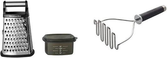 KitchenAid Gourmet 4-Sided Stainless Steel Box Grater with Detachable Storage Container, 10 inches tall, Black & Gourmet Stainless Steel Wire Masher, 10.24-Inch, Black