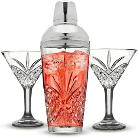 Godinger Cocktail Shaker and Cocktail Glasses Bar Set, Martini Shaker and 2 Martini Glasses Set - Dublin Collection