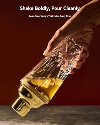 15oz Gold Lid Crystal Cocktail Shaker, Lead-Free Glass with #304 Steel Strainer,Dishwasher Safe,Fit the Coffee Table Decor, Wedding Favors and any Bar Cabinet.(Leak-Proof)