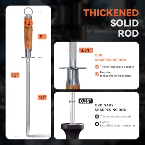 Honing Rod 10'', German High Carbon Steel Knife Sharpener Rod with Premium Gift Box, Professional Fine Sharpening Stone Kitchen Knife Whetstone with Natural Wood Handle, 10 inch