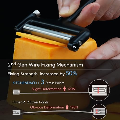 KITCHENDAO Replaceable Wire Cheese Slicer,50% Stronger Wires with 2nd Gen Wire Fixing Mechanism, Tightness Adjustable Aluminum Cheese Cutter, Easy Replacement, 2 Extra Wires