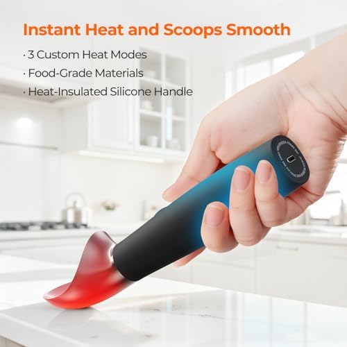Heated Ice Cream Scoop with On/Off Switch, Electric Ice Cream Scooper for Hardened Ice Cream, Gelato, Sorbet, Melon, Waterproof IPX7, Handheld Heating Up to 160°F, Rechargeable with LED Display, Black