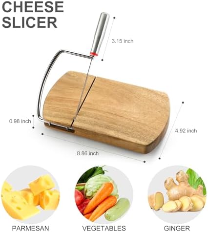 Wooden Cheese Slicer, Cheese Cutter Board with Stainless Steel Blade for Block Cheese, Vegetables, Butter, Sausages, Bread