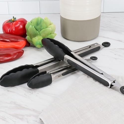 Oster 3-Piece Kitchen Tongs Set – 12", 9", 7" Locking Tongs with Heat-Resistant Nylon Tips and Stainless Steel Handles, Nonstick Safe, BPA-Free, Dishwasher Safe, Black Cooking Tongs