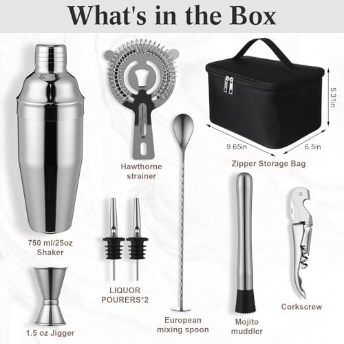 9 Pcs Travel Bartending Kit 25oz Cocktail Shaker Set with Bag