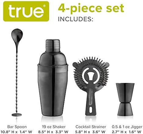 True 4-Piece Cocktail Shaker Set Includes Cobbler Shaker, Strainer, Jigger, Bar Spoon for Classic Cocktails, Mixed Drinks, Cold Brew, Home Bar Tools, Bartender Gifts, Bar Cart Accessories, Black