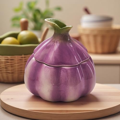 Ceramic Garlic Keeper - Onion Shaped Storage Container with Lid for Fresh Garlic in Kitchen