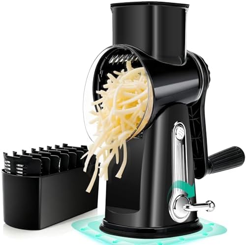 Rotary Cheese Grater Hand Crank - Cheese Shredder with 5 Blades & Strong Suction Base, Mandoline Slicer Vegetable Chopper, Kitchen Gadgets with Storage Box, Black