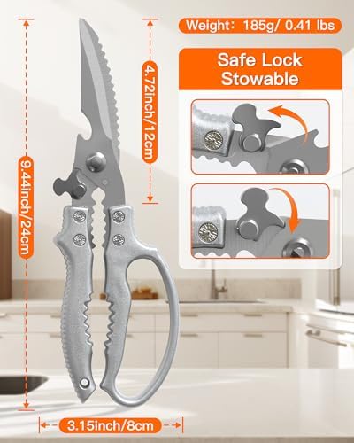 Poultry Shears, Heavy Duty Kitchen Shears With Anti-Slip Handle & Safety Lock, Poultry Scissors for Food, Meat, Turkey, Chicken, Fish & Vegetables