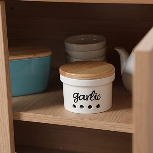 Garlic Keeper with Lid, Ceramic Garlic Saver Container for Countertop, Farmhouse Kitchen Decor