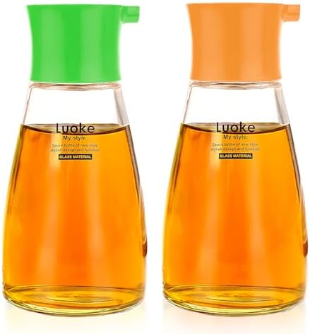 2Pcs Soy Sauce Container Dispenser Leakproof Vinegar Dispenser Glass Cruet Bottles Clear Oil Dispensing Bottles Seasoning Bottle with Lid for Olive Oil,Soy Sauce,Syrup (Green&Orange)