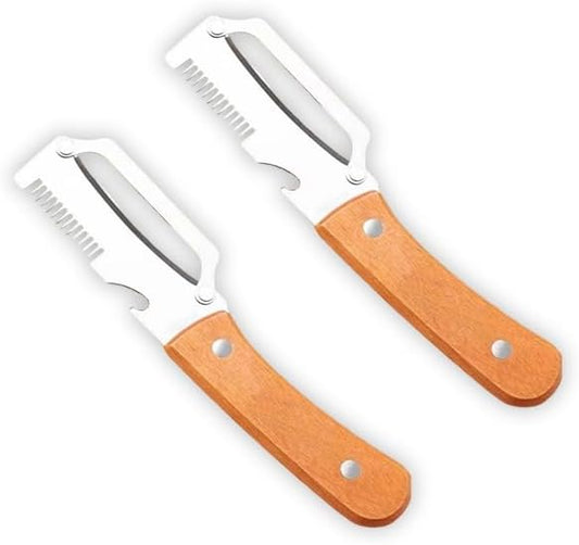 Multifunctional Vegetable Peeler with Wooden Handle, 3-in-1 Stainless Steel Fruit Peeler, Julienne Shredder, Kitchen Bottle Opener, Manual Veggie Slicer for Potatoes & Carrots, Style B 2PCS