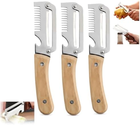 Premium Stainless Steel Vegetable Peeler Multifunctional Kitchen Peeler for Potato Carrot Fruit Veggie with Wooden Handle Sharp Swivel Blade Non-Slip Easy Peeling (3 Pcs)