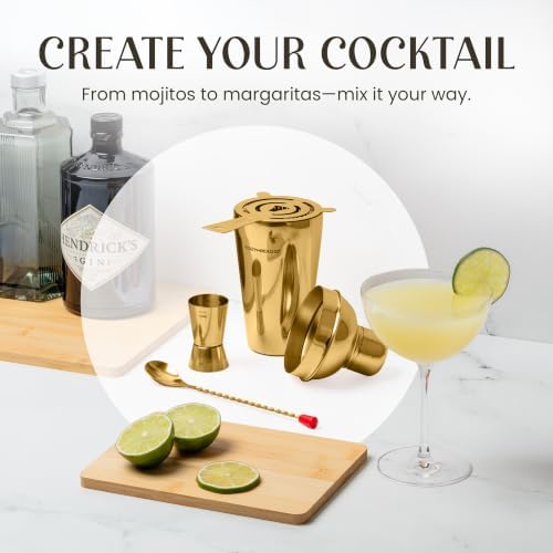 Modern Mixology Cocktail Shaker Set - Bartender Kit with Pine Stand | Leak-Proof Design | Includes Martini Shaker, Jigger, Strainer, Spoon, Tongs | Perfect Bar Tools Gift for Home Mixology (Gold)
