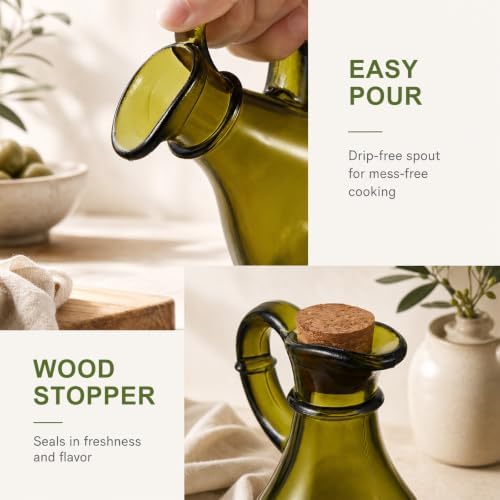 Suclain 4 Sets 12oz Glass Oil and Vinegar Cruet Set Round Oil Dispenser Olive Bottle with Airtight Stopper Salad Dressing Bottle Glass Condiment Container for Kitchen Homemade Olive Condiment(Green)