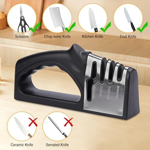 4-in-1Manual Knife Sharpener Suitable for kitchen knives, fruit knives, steel knives, scissors, and 3-level precision sharpening.Non slip base, suitable for home use (black) (1)