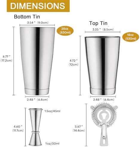 WOTOR Boston Cocktail Shaker Set, 18 oz & 28 oz, Stainless Steel (Silver)