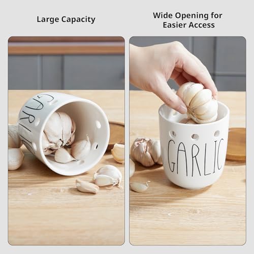 Ceramic Garlic Keeper for Counter, Garlic Holder with Acacia Wood Lid, Farmhouse Garlic Storage Container, Garlic Saver for Kitchen, White